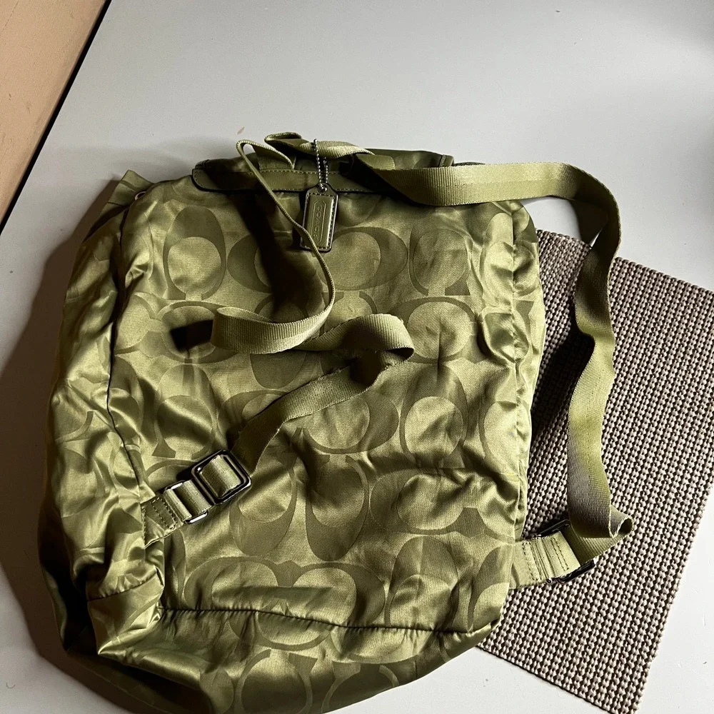 Coach Signature C Nylon Backpack Olive Green Drawstring Flap Bag F20781
